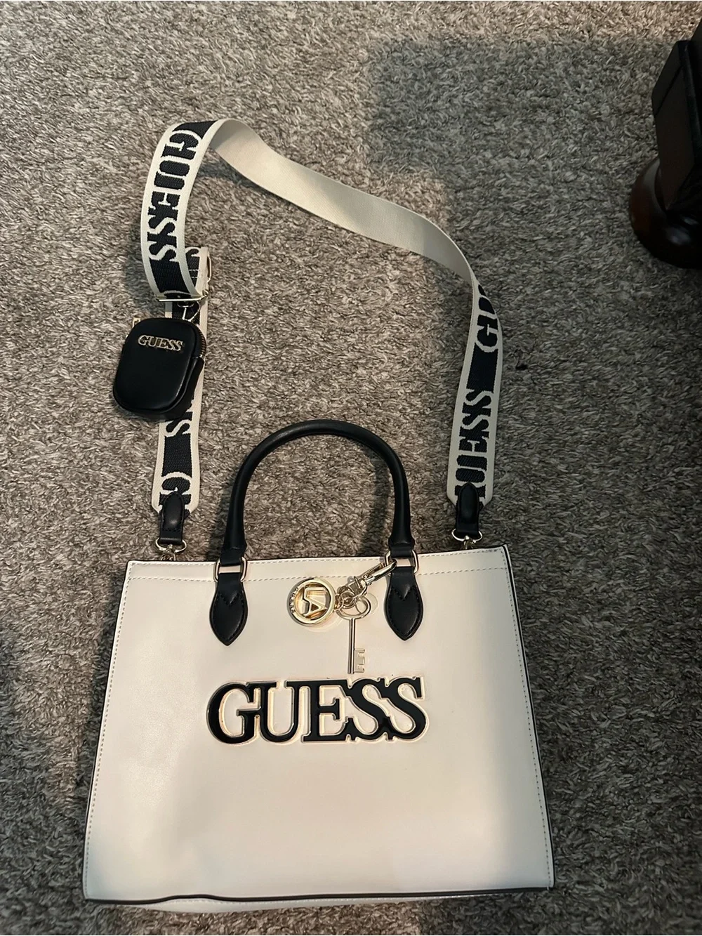 Guess White and Black Logo Satchel with Gold Charm